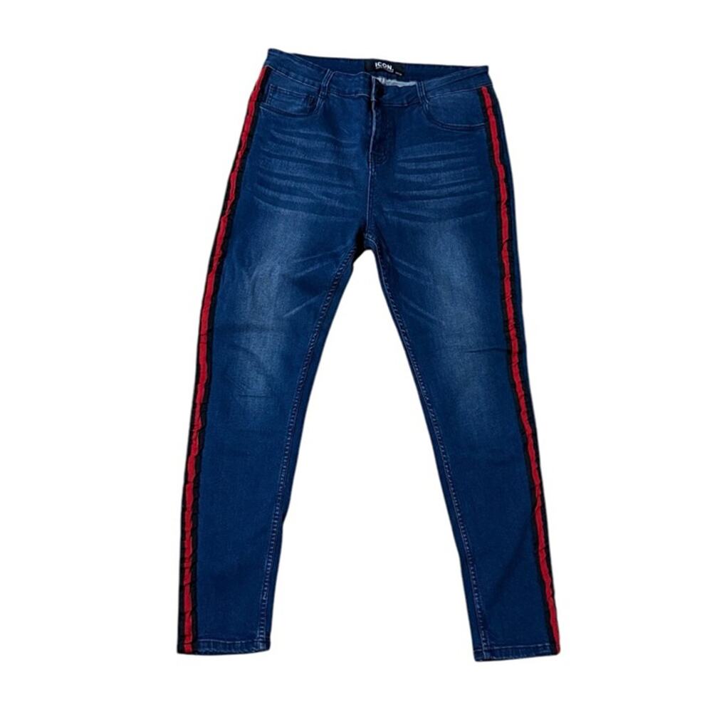 ICON Amsterdam Men Slim Fit Blue Denim Jeans Red & Black Side Stripes 36
